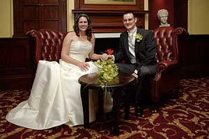 Bride and Groom relax for photograph at Elizabeth Orwell Hotel